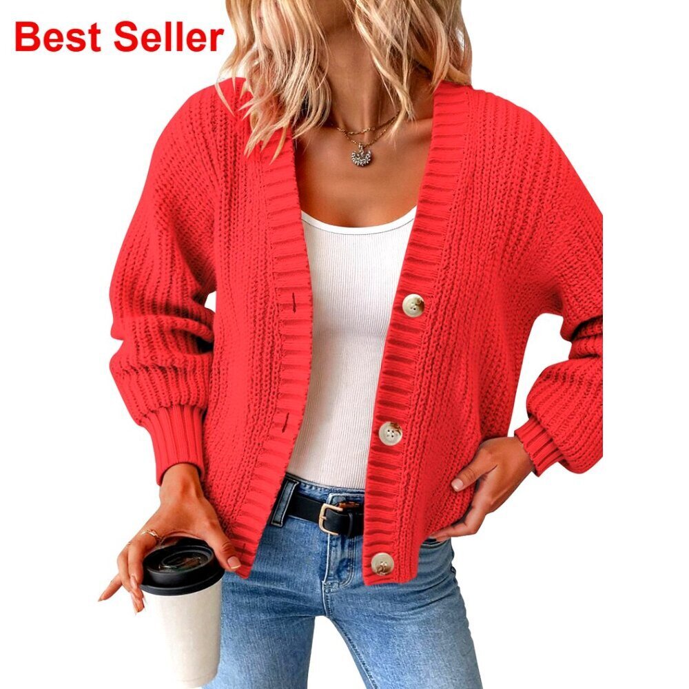 Oversized Chunky Knit Cardigan Waffle Texture Button Down V Neck Sweater